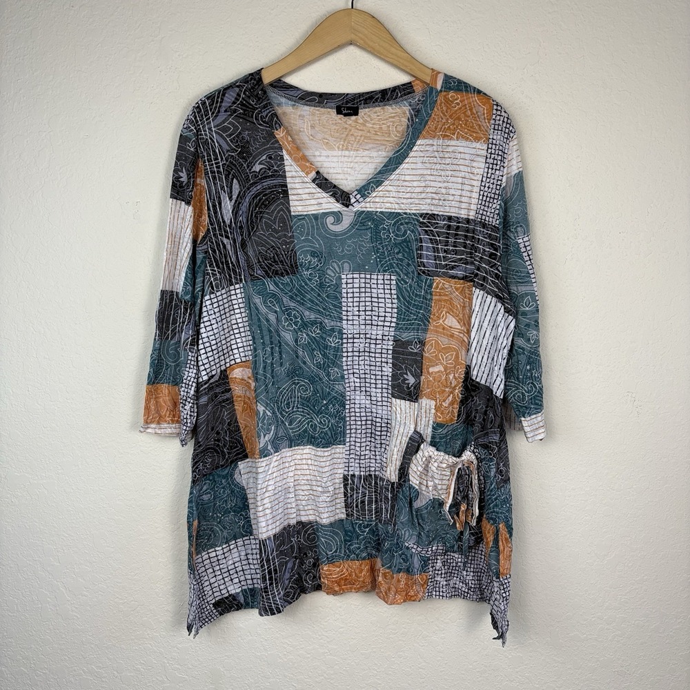 Shana Size 2x Multi-Color Patchwork 3/4 Sleeve Tunic Artsy Abstract Boho Cottage